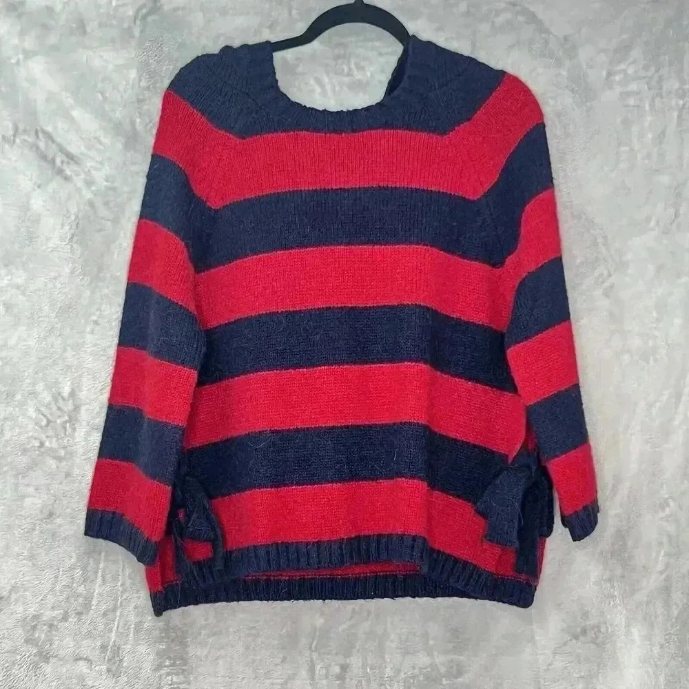 Moly Striped Hooded Ties On Sides‎ Chunky Sweater Sz M Maybe Wool/Mohair Blend